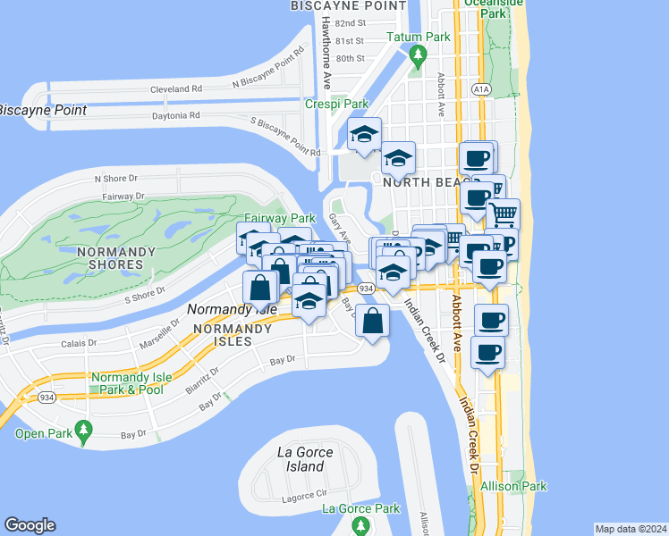 map of restaurants, bars, coffee shops, grocery stores, and more near 7171 Bay Drive in Miami Beach