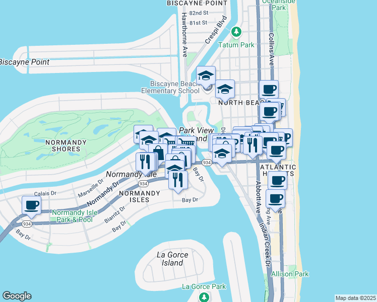 map of restaurants, bars, coffee shops, grocery stores, and more near 7149 Bay Drive in Miami Beach