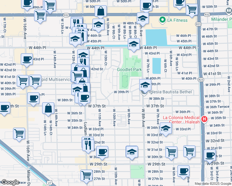 map of restaurants, bars, coffee shops, grocery stores, and more near 970 West 39th Place in Hialeah