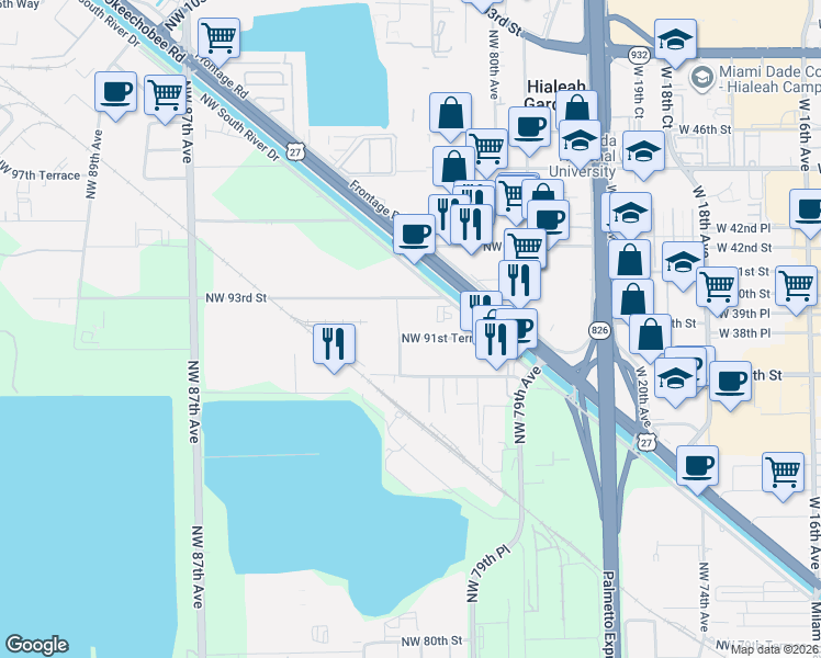 map of restaurants, bars, coffee shops, grocery stores, and more near 8140 Northwest 93rd Street in Medley
