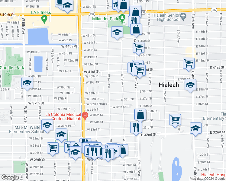 map of restaurants, bars, coffee shops, grocery stores, and more near 145 West 38th Street in Hialeah