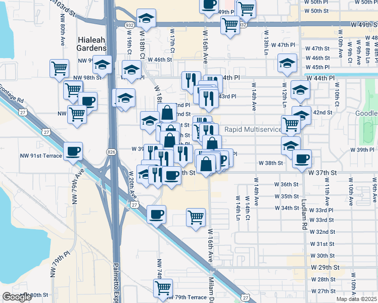 map of restaurants, bars, coffee shops, grocery stores, and more near 1671 West 38th Place in Hialeah