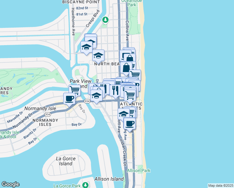 map of restaurants, bars, coffee shops, grocery stores, and more near 7140 Abbott Avenue in Miami Beach