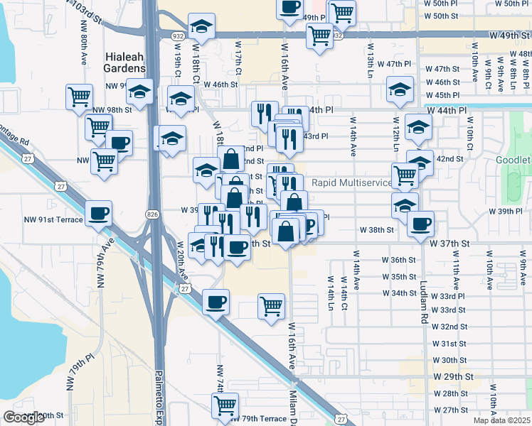 map of restaurants, bars, coffee shops, grocery stores, and more near 1671 West 38th Place in Hialeah