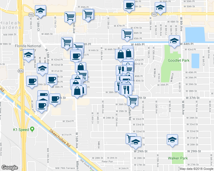 map of restaurants, bars, coffee shops, grocery stores, and more near 1351 West 38th Place in Hialeah