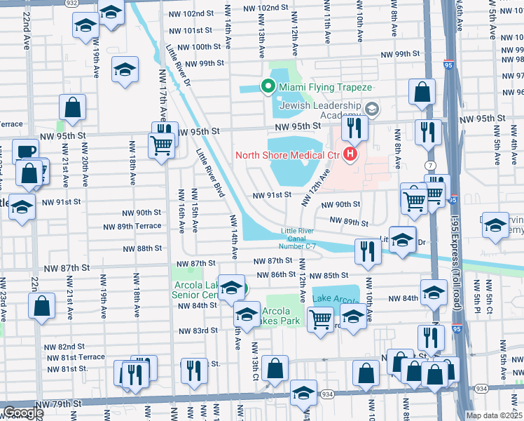 map of restaurants, bars, coffee shops, grocery stores, and more near 1311 Little River Drive in Miami