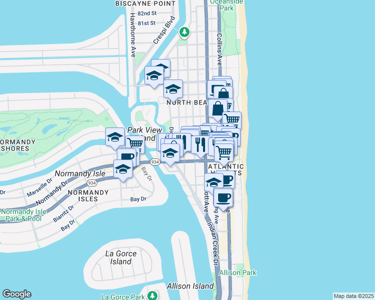 map of restaurants, bars, coffee shops, grocery stores, and more near 7145 Carlyle Avenue in Miami Beach