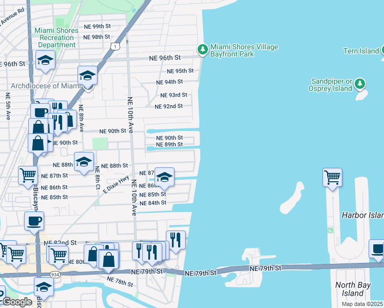 map of restaurants, bars, coffee shops, grocery stores, and more near 1234 North Bayshore Drive in Miami