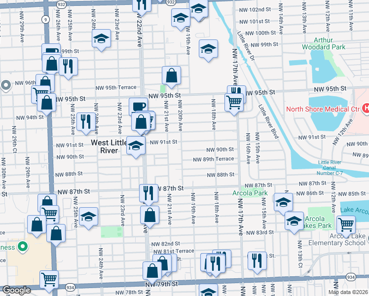 map of restaurants, bars, coffee shops, grocery stores, and more near 1941 Northwest 90th Street in Miami