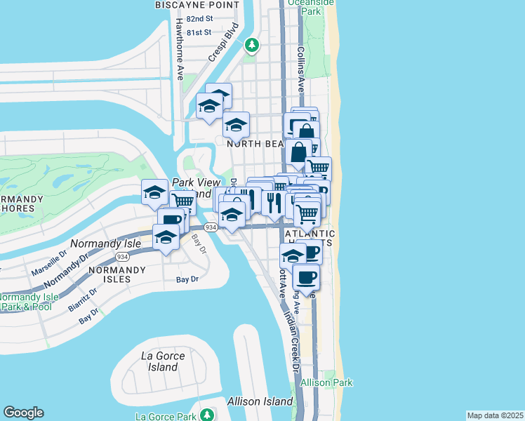 map of restaurants, bars, coffee shops, grocery stores, and more near 7145 Carlyle Avenue in Miami Beach