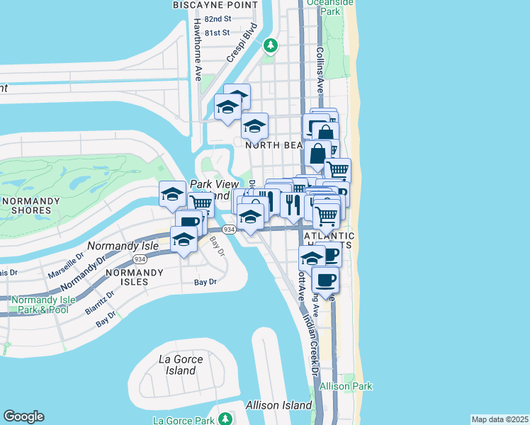 map of restaurants, bars, coffee shops, grocery stores, and more near 7145 Carlyle Avenue in Miami Beach