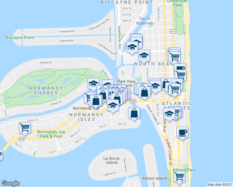 map of restaurants, bars, coffee shops, grocery stores, and more near 7171 Bay Drive in Miami Beach