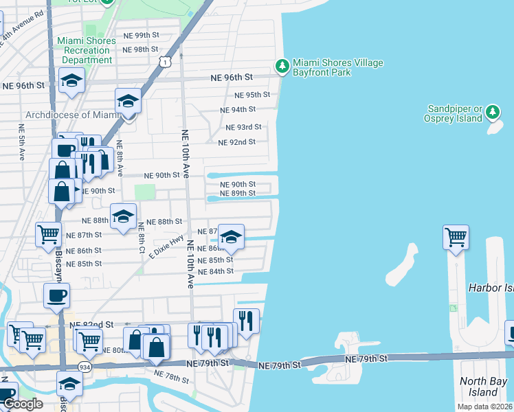 map of restaurants, bars, coffee shops, grocery stores, and more near 1234 North Bayshore Drive in Miami