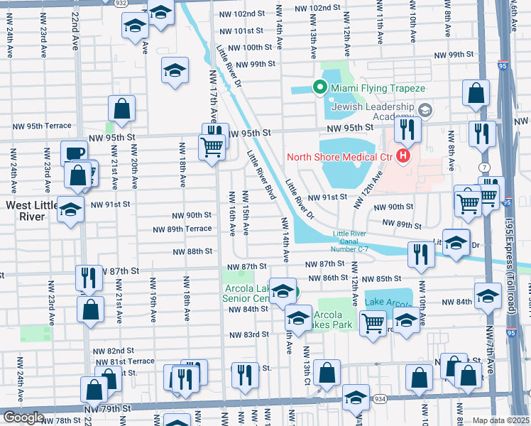 map of restaurants, bars, coffee shops, grocery stores, and more near 1441 Northwest 90th Street in Miami