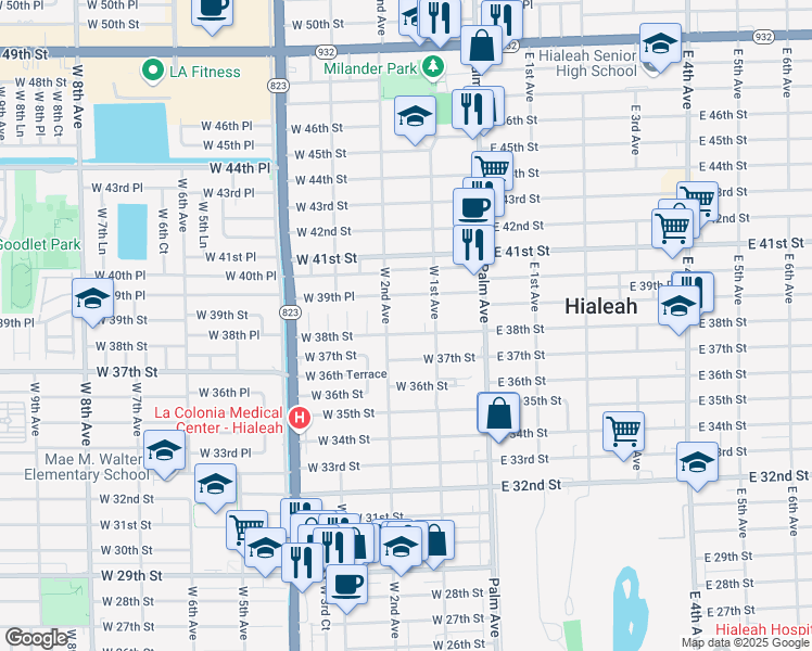 map of restaurants, bars, coffee shops, grocery stores, and more near 145 West 38th Street in Hialeah