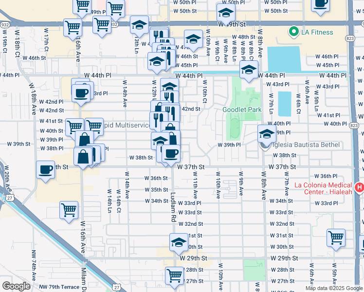 map of restaurants, bars, coffee shops, grocery stores, and more near 1126 West 39th Terrace in Hialeah