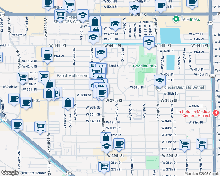 map of restaurants, bars, coffee shops, grocery stores, and more near 1126 West 39th Terrace in Hialeah