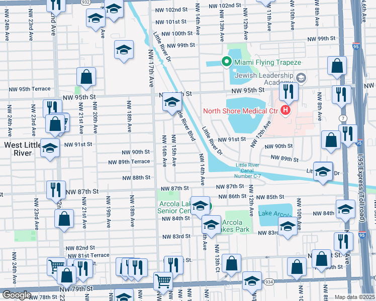 map of restaurants, bars, coffee shops, grocery stores, and more near 1441 Northwest 90th Street in Miami