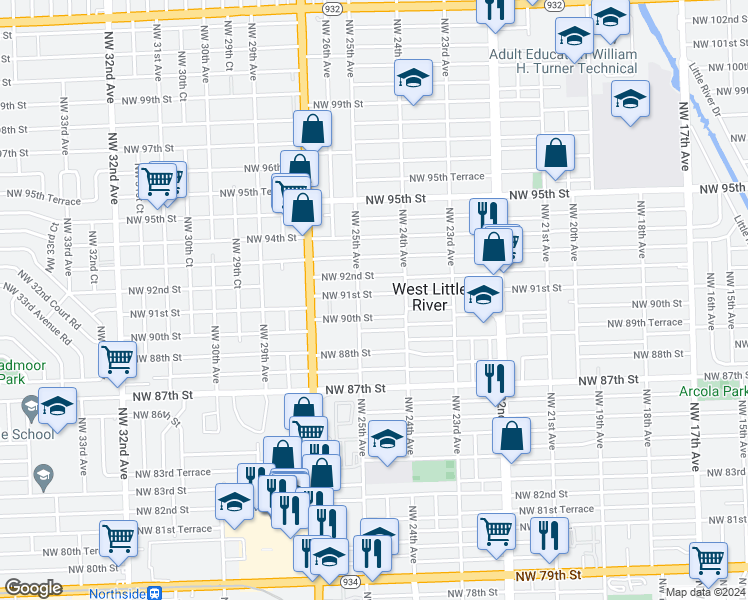 map of restaurants, bars, coffee shops, grocery stores, and more near 2466 Northwest 91st Street in Miami