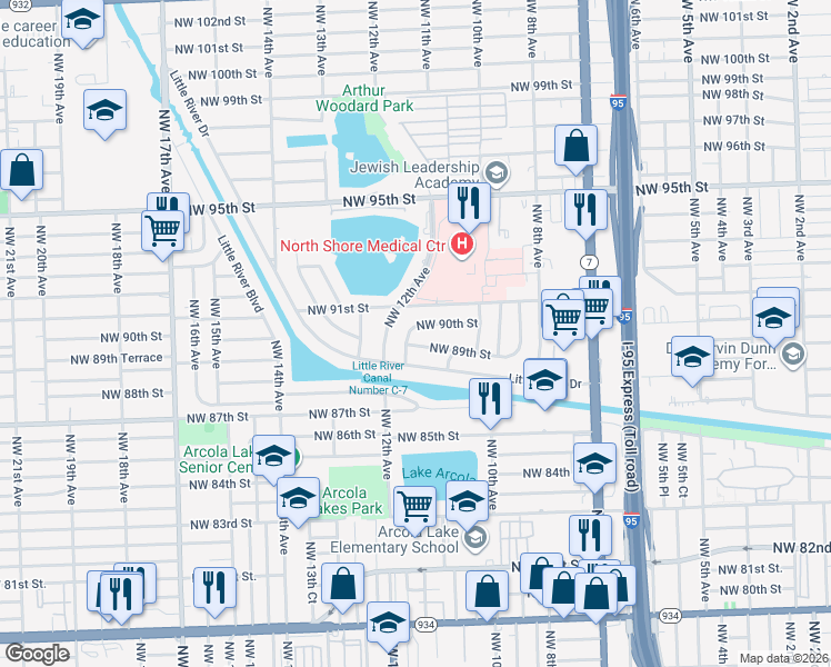 map of restaurants, bars, coffee shops, grocery stores, and more near 8920 Northwest 11th Court in Miami