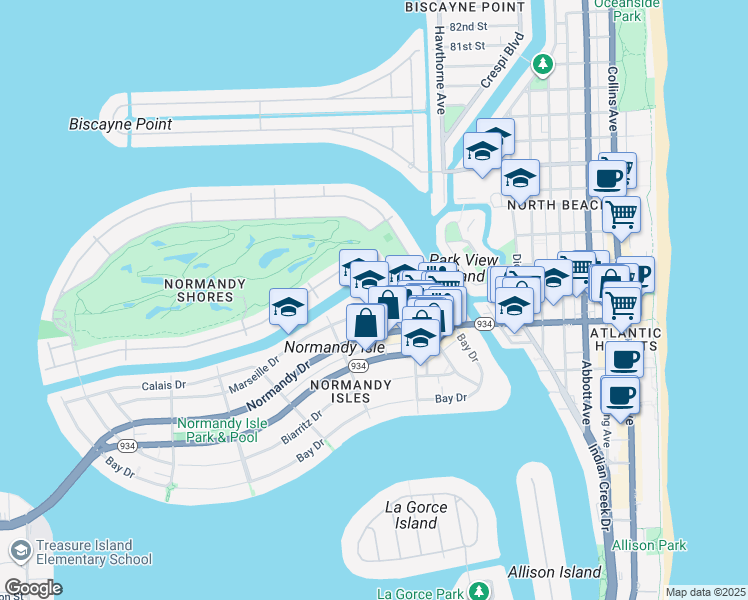 map of restaurants, bars, coffee shops, grocery stores, and more near 1201 Marseille Drive in Miami