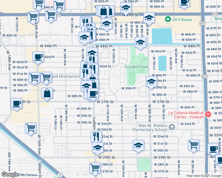 map of restaurants, bars, coffee shops, grocery stores, and more near 3925 West 10th Court in Hialeah