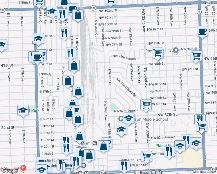 map of restaurants, bars, coffee shops, grocery stores, and more near 9130 Northwest 35th Court in Miami