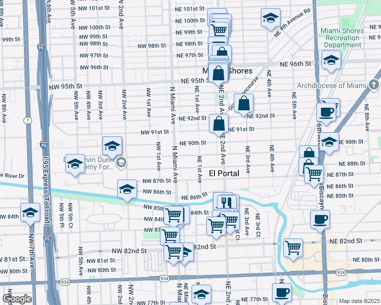 map of restaurants, bars, coffee shops, grocery stores, and more near 63 Northeast 89th Street in El Portal
