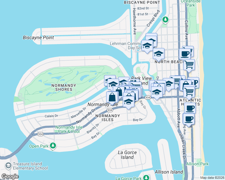map of restaurants, bars, coffee shops, grocery stores, and more near 1201 Marseille Drive in Miami Beach
