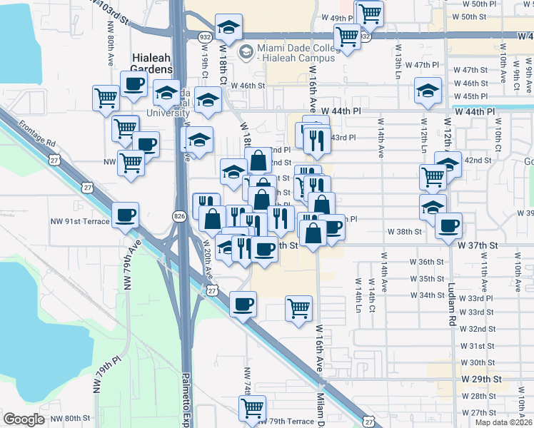 map of restaurants, bars, coffee shops, grocery stores, and more near 1741 West 38th Place in Hialeah