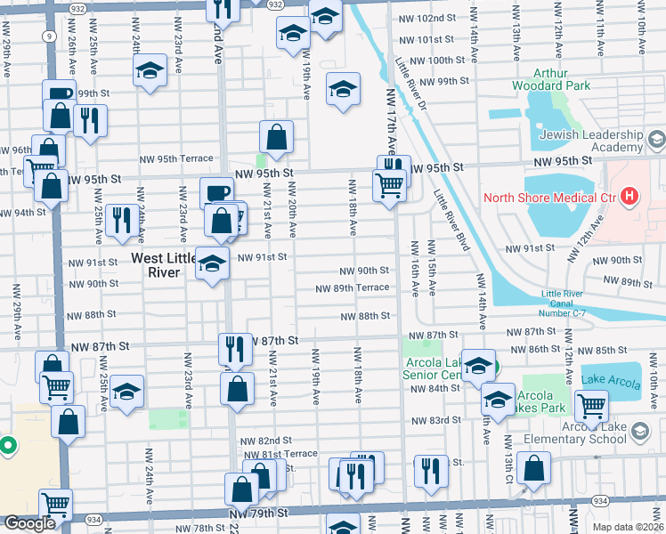 map of restaurants, bars, coffee shops, grocery stores, and more near 1851 Northwest 90th Street in Miami