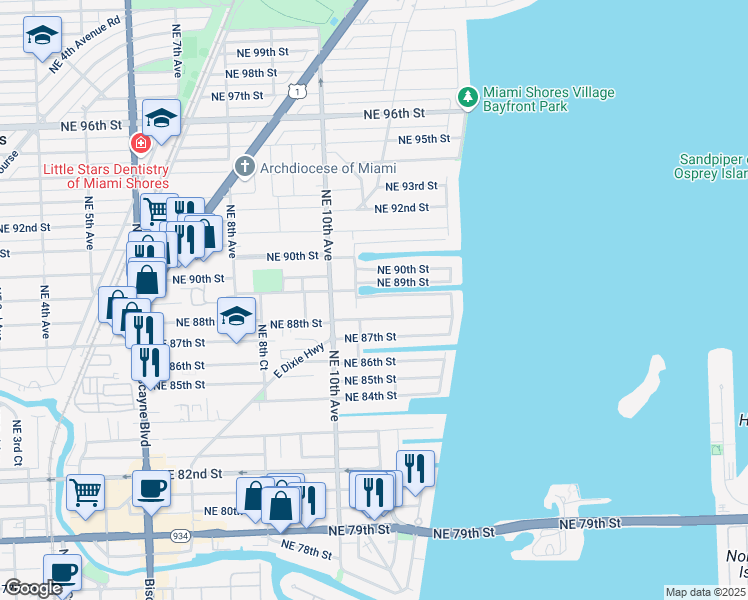map of restaurants, bars, coffee shops, grocery stores, and more near 1100 North Bayshore Drive in Miami