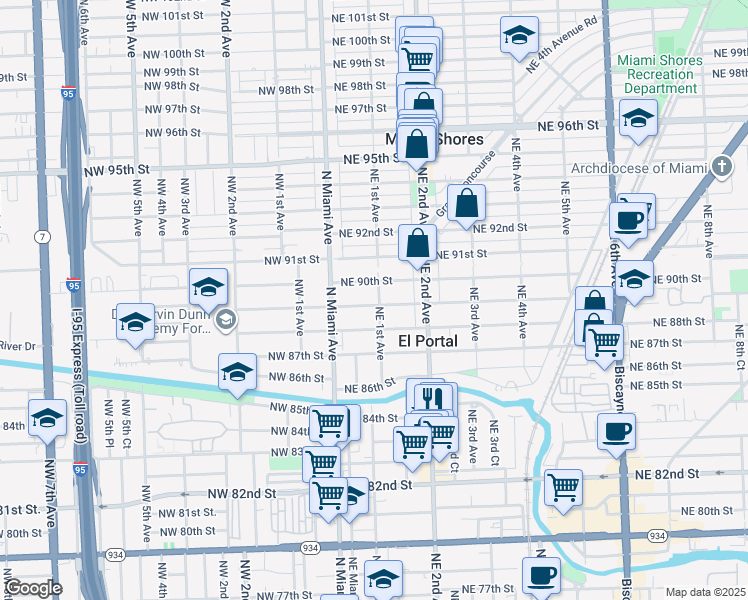 map of restaurants, bars, coffee shops, grocery stores, and more near 8900 Northeast 1st Avenue in El Portal