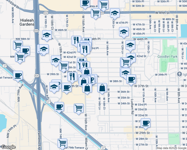 map of restaurants, bars, coffee shops, grocery stores, and more near 1567 West 38th Place in Hialeah