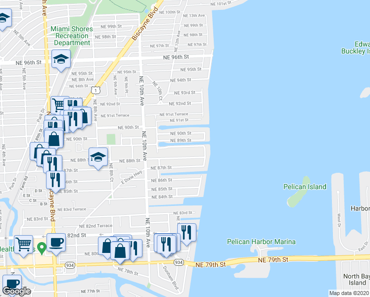 map of restaurants, bars, coffee shops, grocery stores, and more near 1170 North Bayshore Drive in Miami