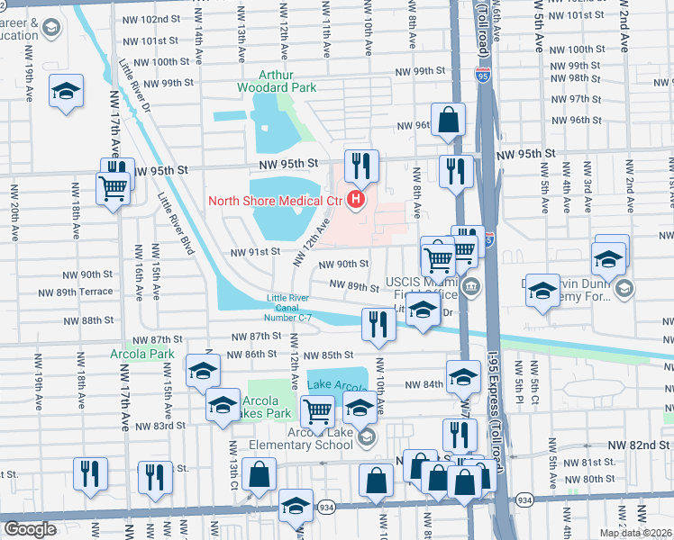 map of restaurants, bars, coffee shops, grocery stores, and more near 1100 Northwest 90th Street in Miami