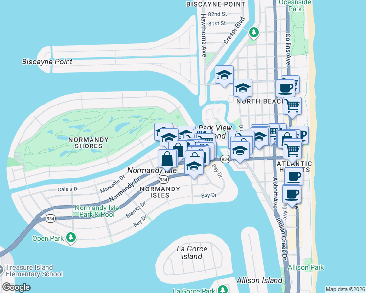 map of restaurants, bars, coffee shops, grocery stores, and more near 1101 Marseille Drive in Miami Beach