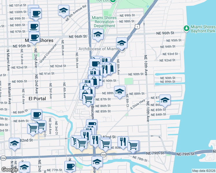 map of restaurants, bars, coffee shops, grocery stores, and more near 742 Northeast 90th Street in Miami
