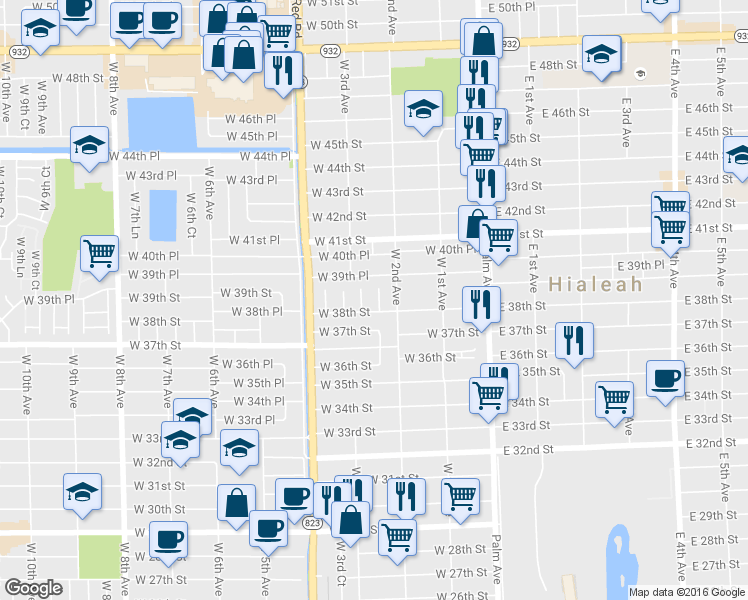 map of restaurants, bars, coffee shops, grocery stores, and more near 3830 West 2nd Court in Hialeah