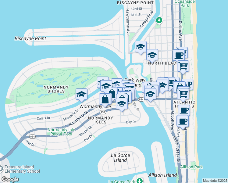 map of restaurants, bars, coffee shops, grocery stores, and more near 1101 Marseille Drive in Miami Beach