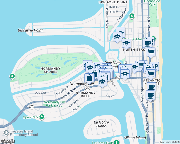 map of restaurants, bars, coffee shops, grocery stores, and more near 1201 Marseille Drive in Miami