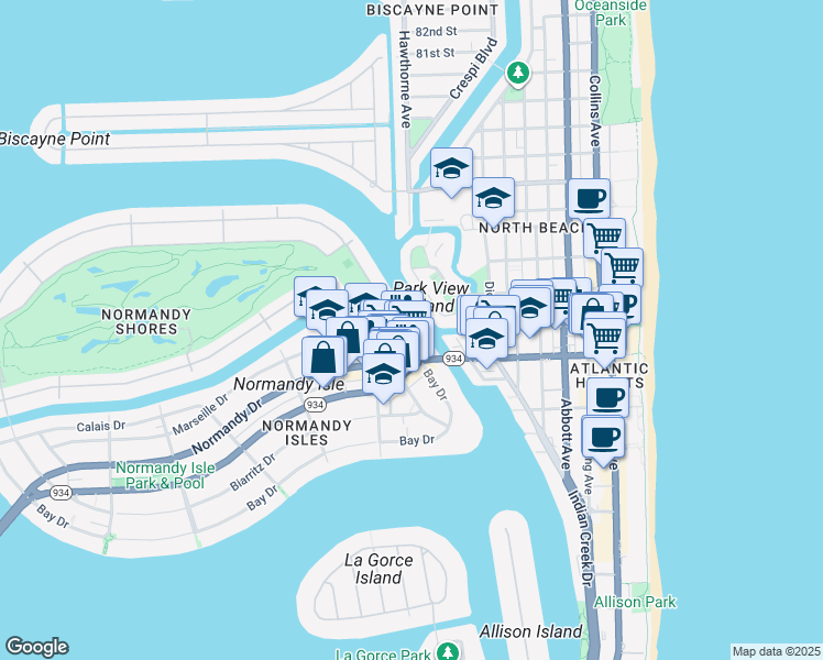 map of restaurants, bars, coffee shops, grocery stores, and more near 7171 Bay Drive in Miami Beach