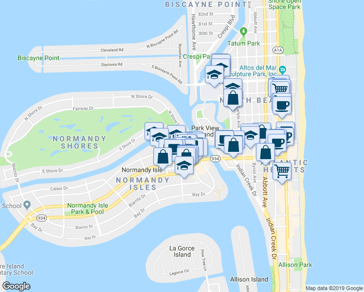 map of restaurants, bars, coffee shops, grocery stores, and more near 1101 Marseille Drive in Miami Beach
