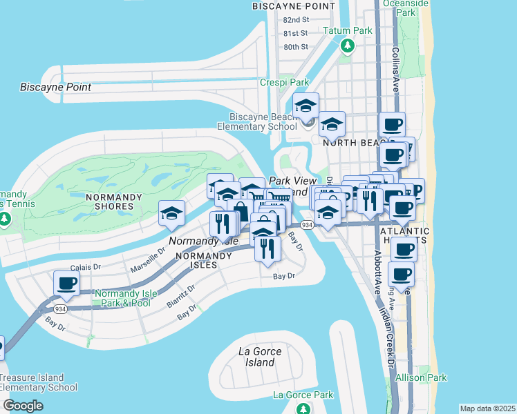 map of restaurants, bars, coffee shops, grocery stores, and more near 1101 Marseille Drive in Miami Beach