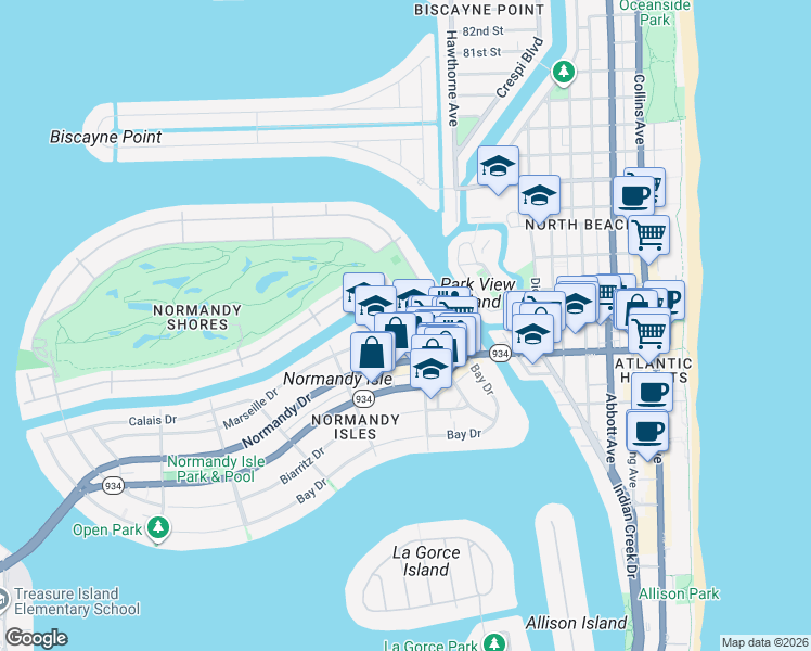 map of restaurants, bars, coffee shops, grocery stores, and more near 1101 Marseille Drive in Miami Beach