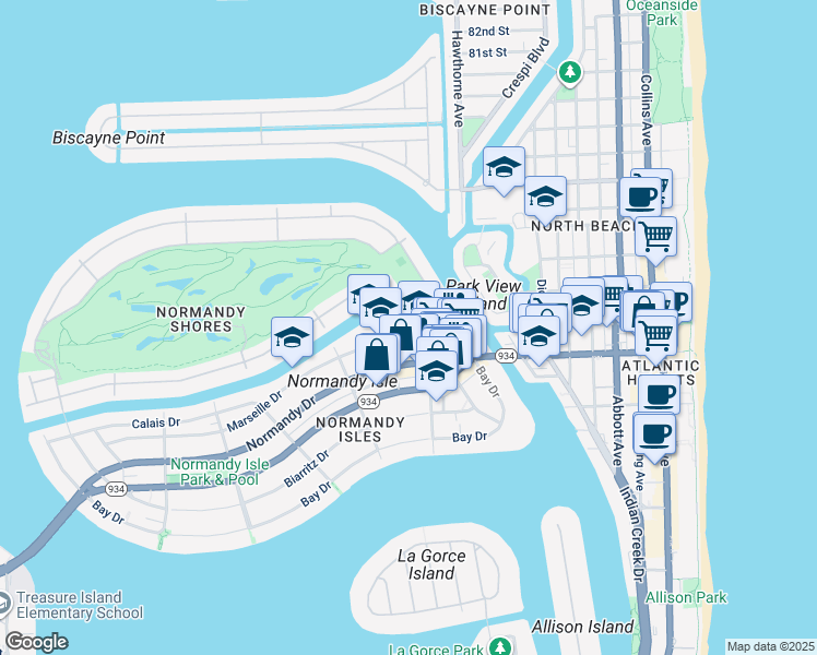 map of restaurants, bars, coffee shops, grocery stores, and more near 1101 Marseille Drive in Miami Beach