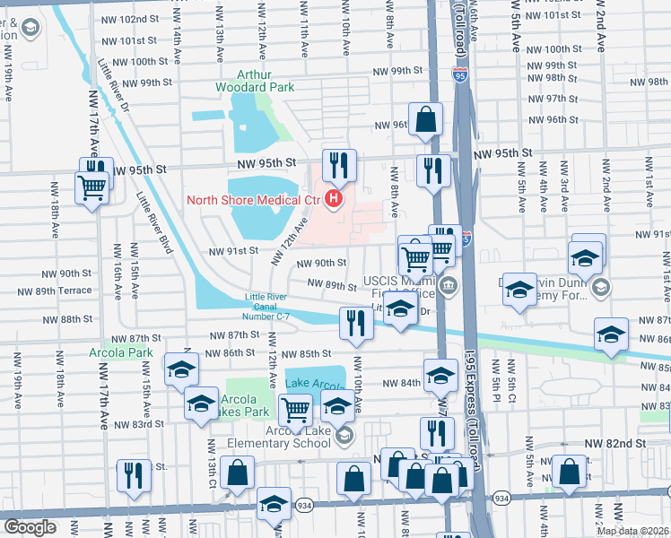 map of restaurants, bars, coffee shops, grocery stores, and more near 8930 Northwest 10th Avenue in Miami