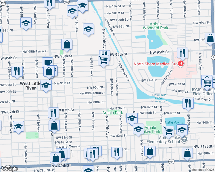 map of restaurants, bars, coffee shops, grocery stores, and more near 9000 Northwest 17th Avenue in Miami