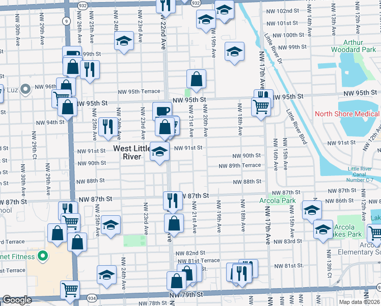 map of restaurants, bars, coffee shops, grocery stores, and more near 9030 Northwest 21st Avenue in Miami