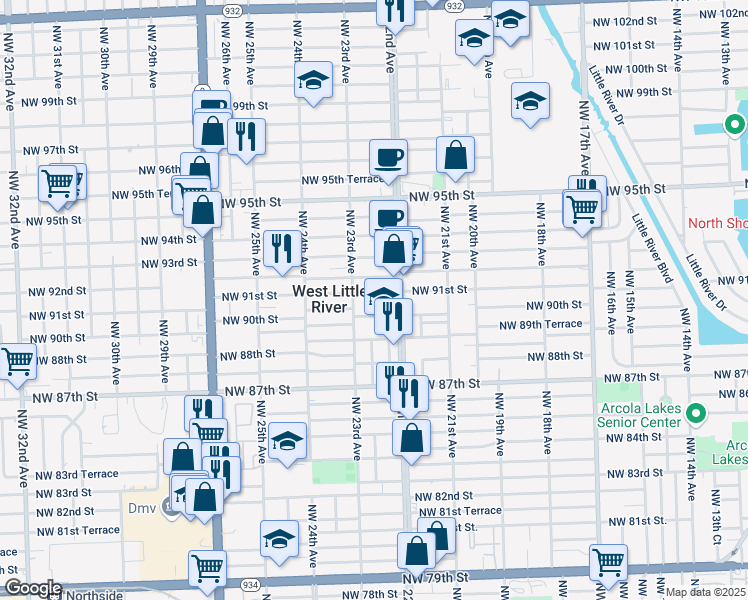 map of restaurants, bars, coffee shops, grocery stores, and more near 2254 Northwest 91st Street in Miami
